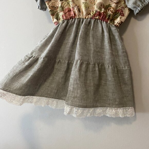 Handmade Children's Cotton Linen Green Multicolour Lace Square Neck Dress - Picture 12 of 12